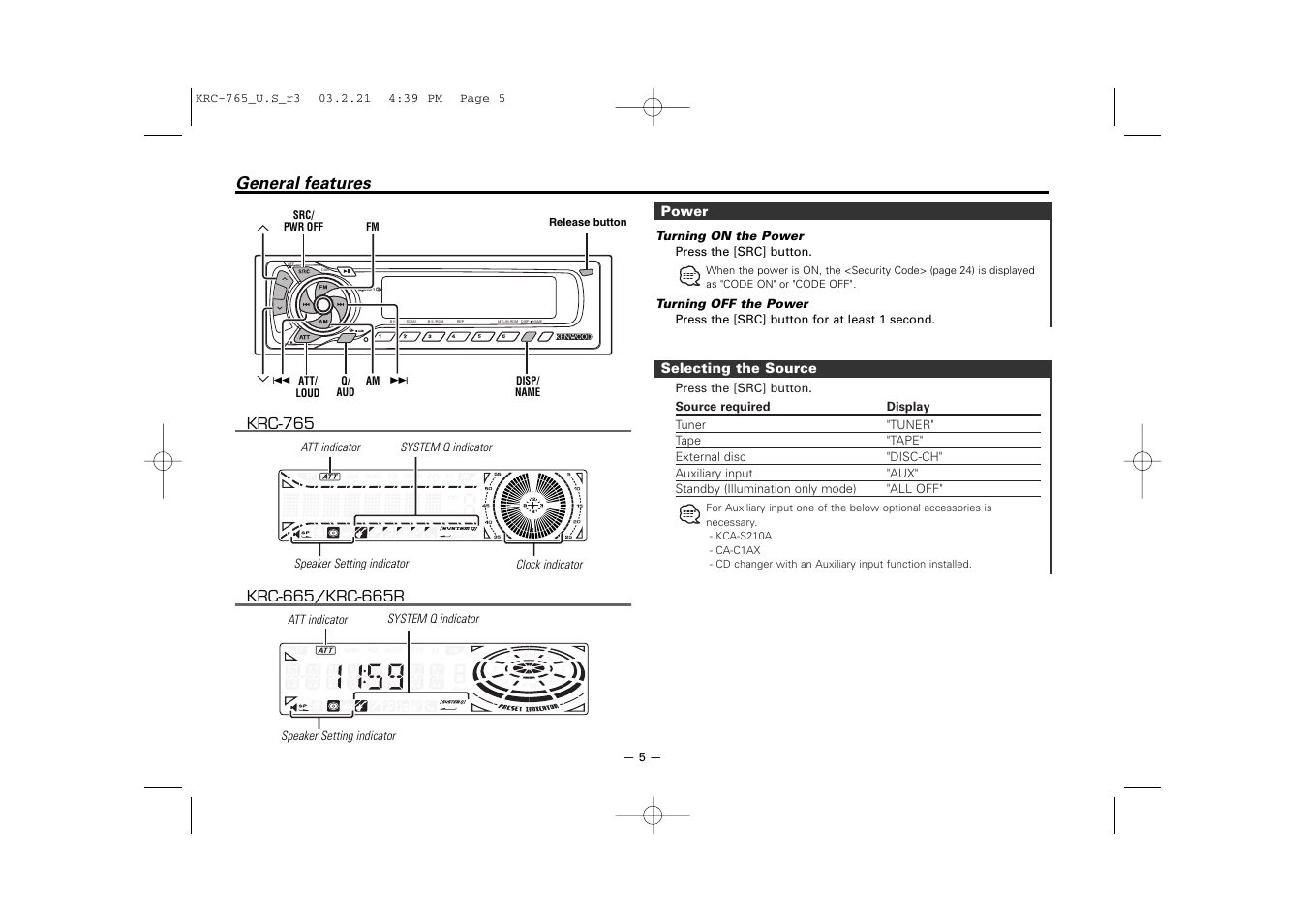 General features | Kenwood KRC-765 User Manual | Page 5 / 42