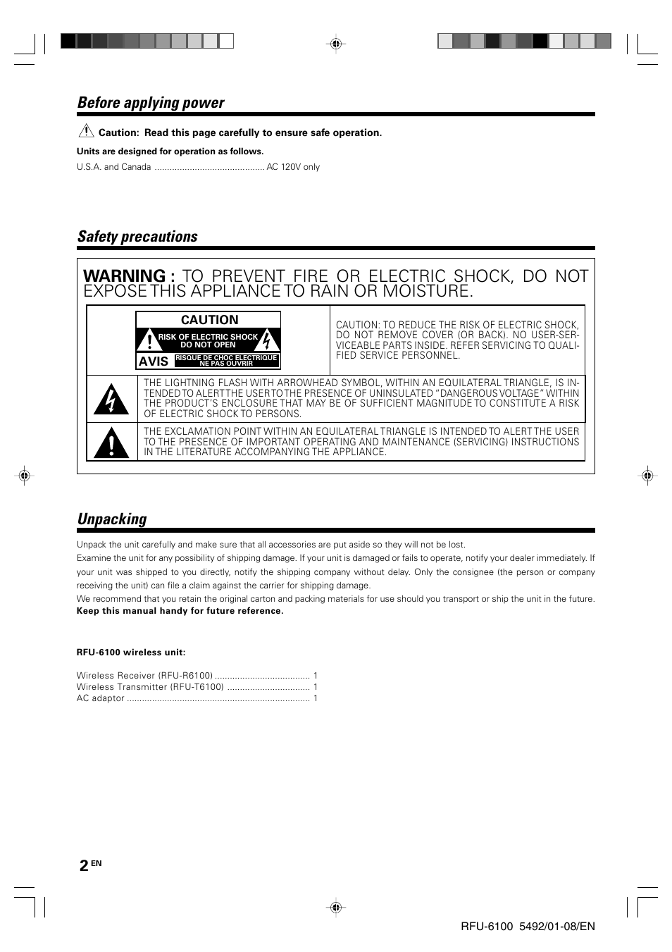 Before applying power, Safety precautions, Unpacking | Kenwood RFU-6100 User Manual | Page 2 / 8