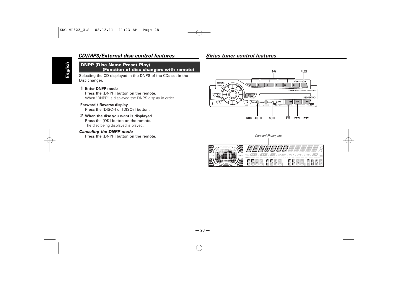 Sirius tuner control features, Cd/mp3/external disc control features | Kenwood eXcelon KDC-X769 User Manual | Page 28 / 48