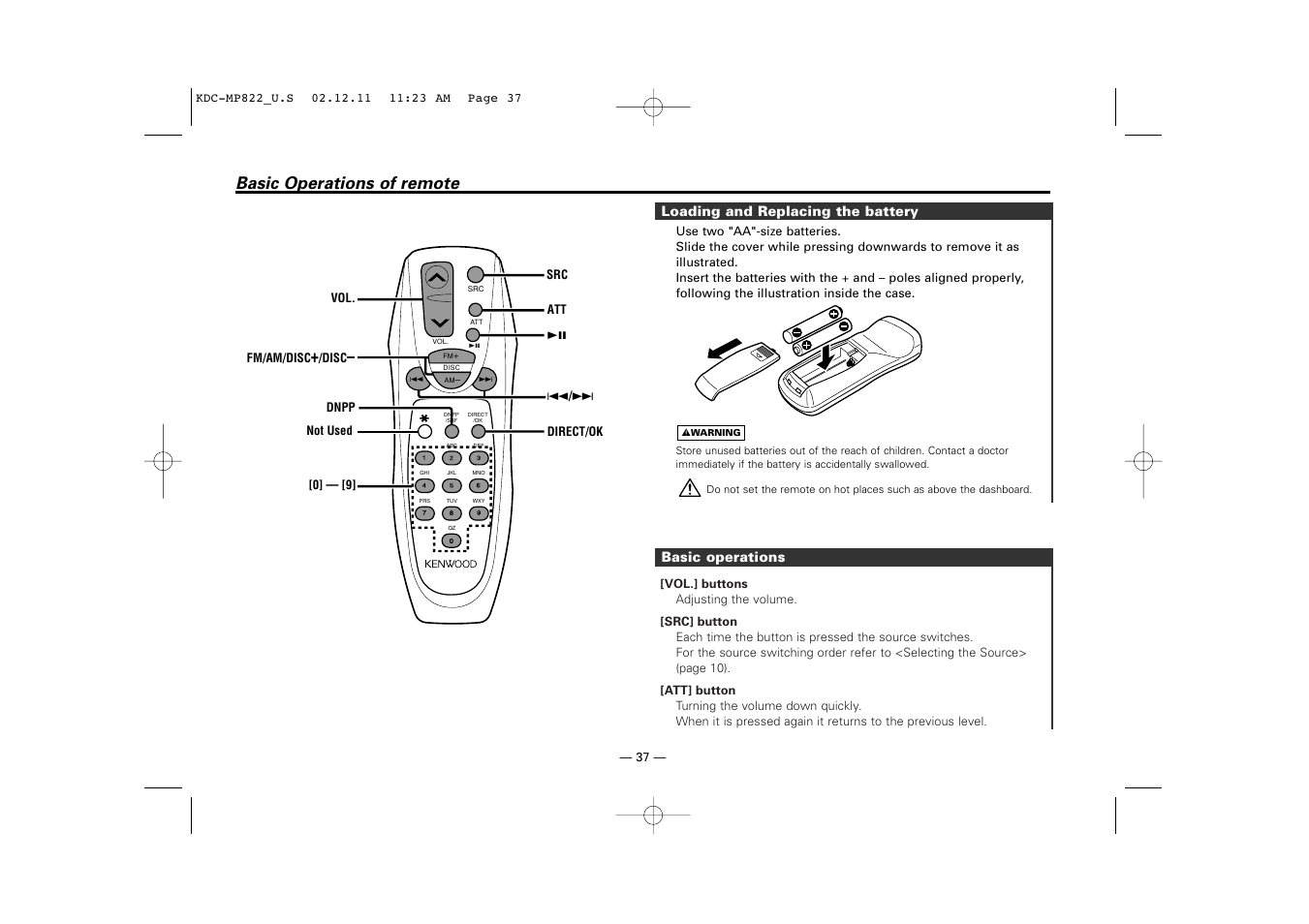 Basic operations of remote | Kenwood eXcelon KDC-X769 User Manual | Page 37 / 48