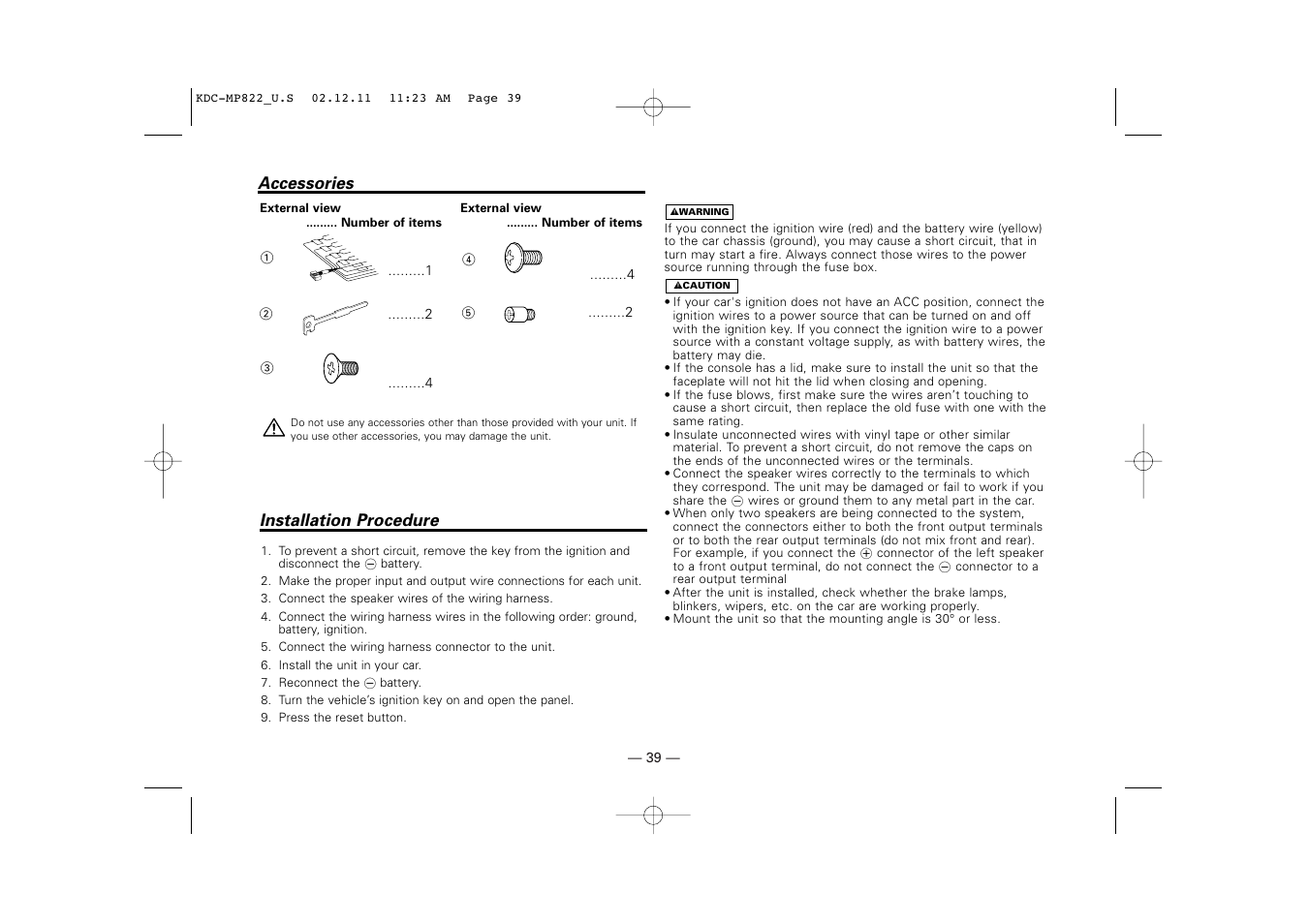Accessories, Installation procedure | Kenwood eXcelon KDC-X769 User Manual | Page 39 / 48