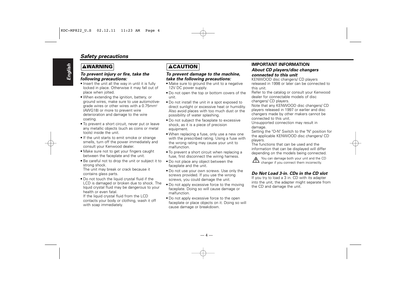 Safety precautions | Kenwood eXcelon KDC-X769 User Manual | Page 4 / 48