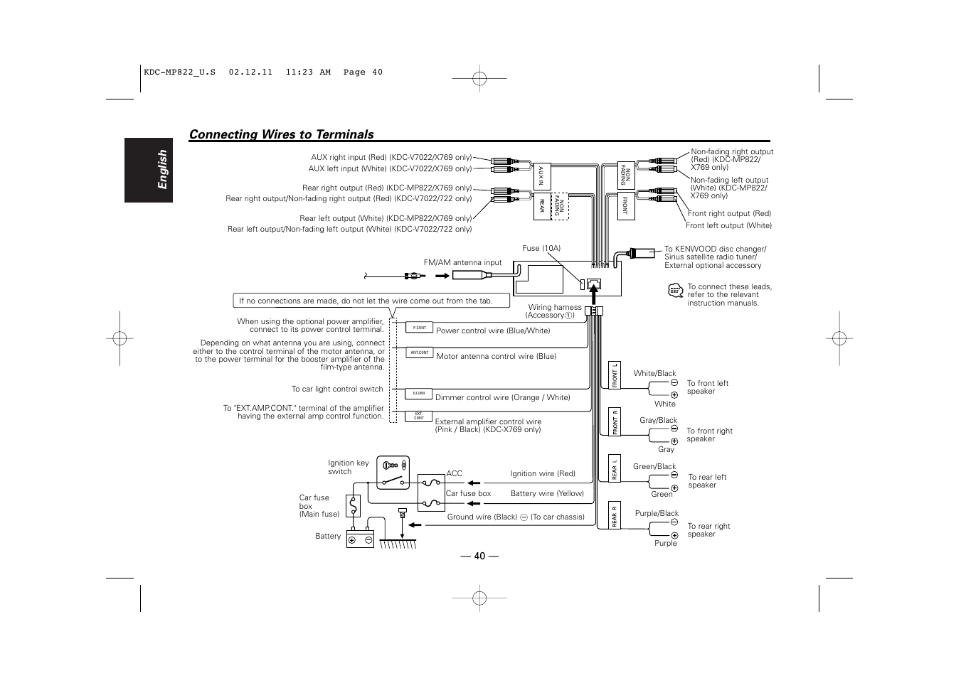 Connecting wires to terminals, English | Kenwood eXcelon KDC-X769 User Manual | Page 40 / 48