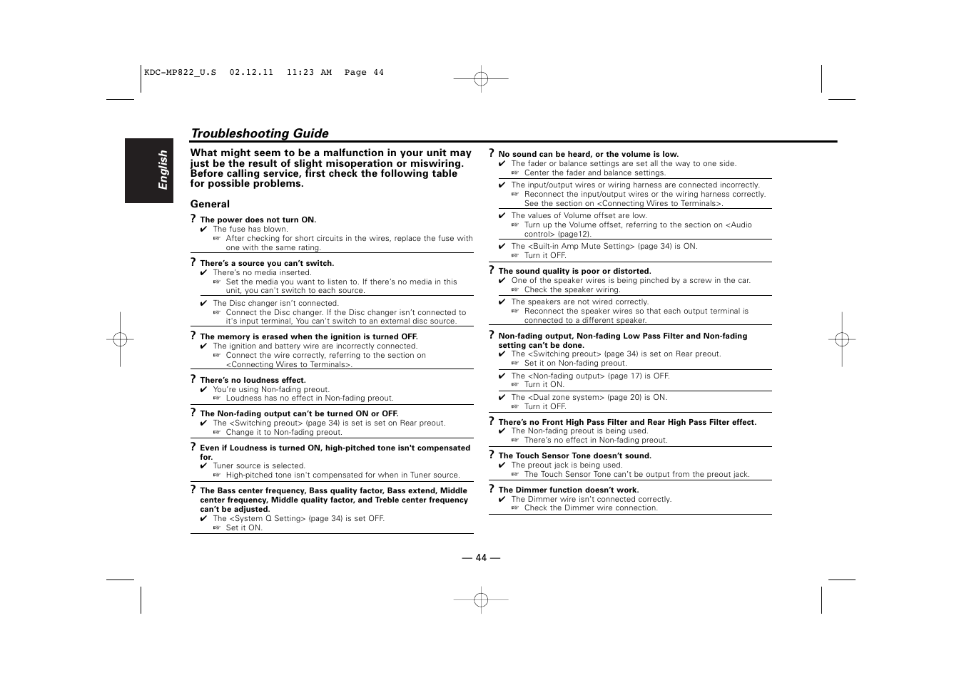 Troubleshooting guide | Kenwood eXcelon KDC-X769 User Manual | Page 44 / 48