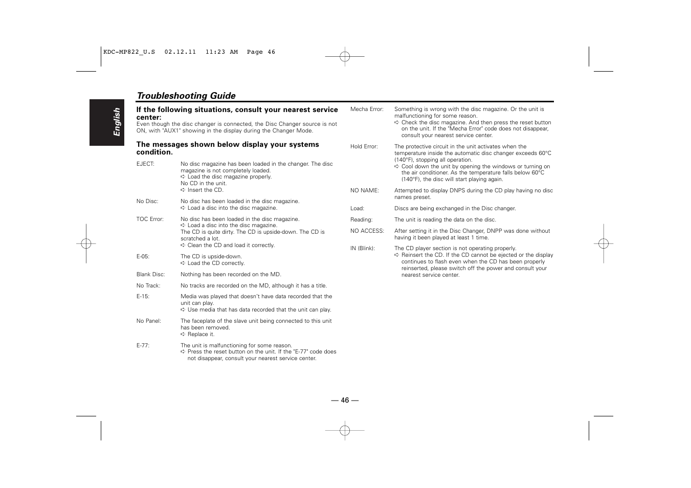 Troubleshooting guide, English | Kenwood eXcelon KDC-X769 User Manual | Page 46 / 48