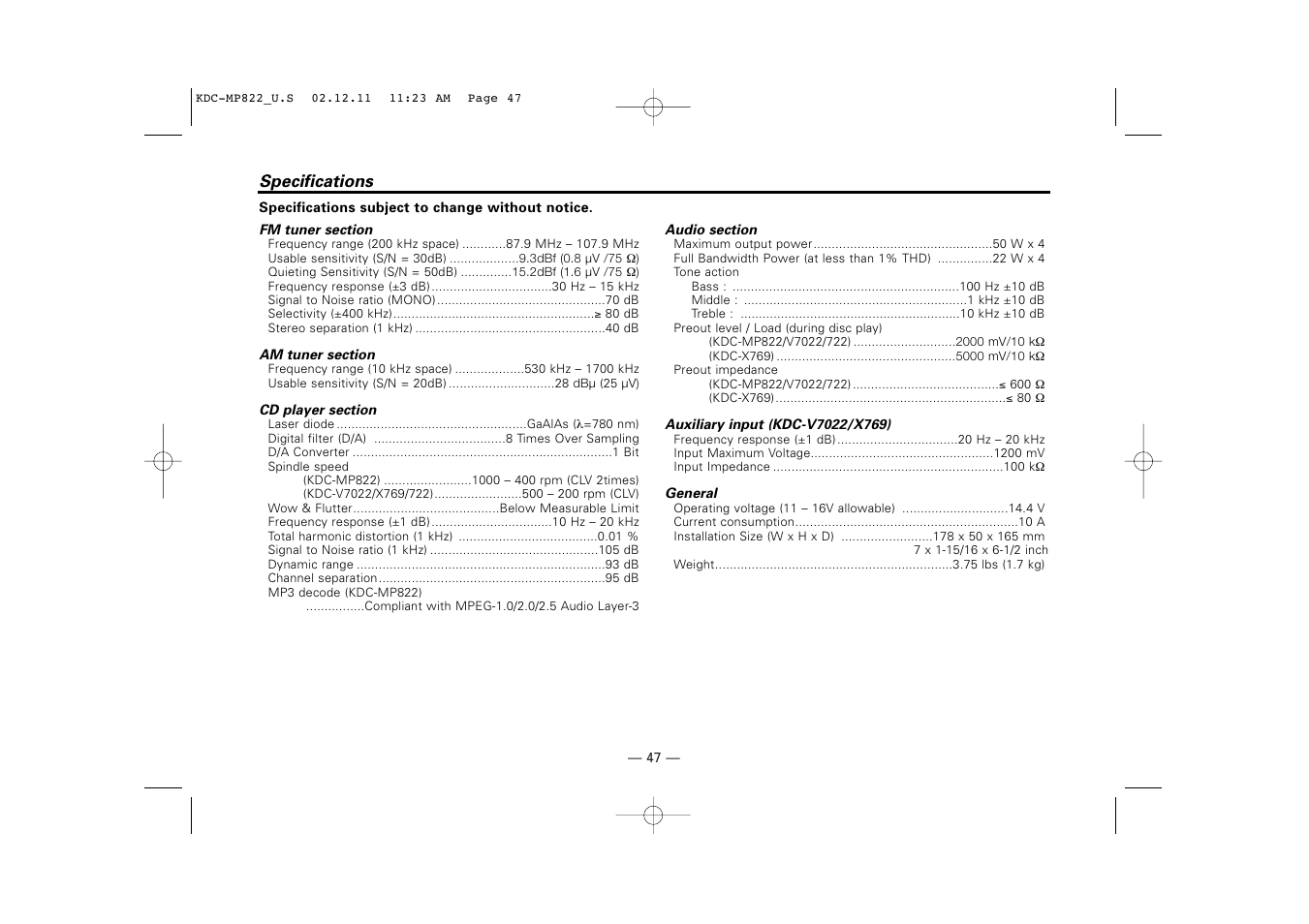 Specifications | Kenwood eXcelon KDC-X769 User Manual | Page 47 / 48