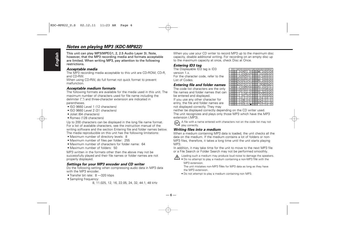 Notes on playing mp3 (kdc-mp822) | Kenwood eXcelon KDC-X769 User Manual | Page 6 / 48