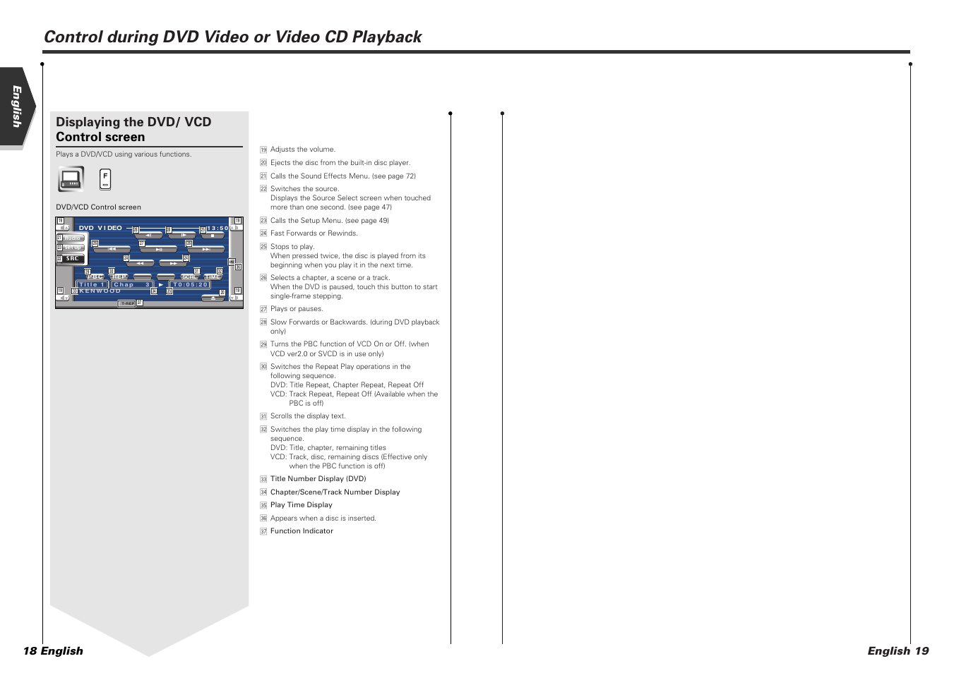 Control during dvd video or video cd playback, Displaying the dvd/ vcd control screen, English 19 english 18 english | Kenwood KVT-725DVD-B User Manual | Page 10 / 48