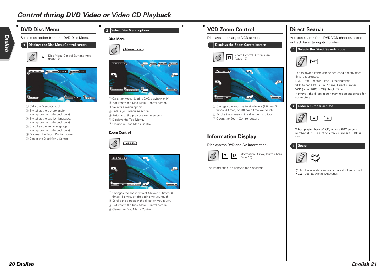 Control during dvd video or video cd playback, Vcd zoom control, Information display | Direct search, Dvd disc menu, English 21 english 20 english | Kenwood KVT-725DVD-B User Manual | Page 11 / 48