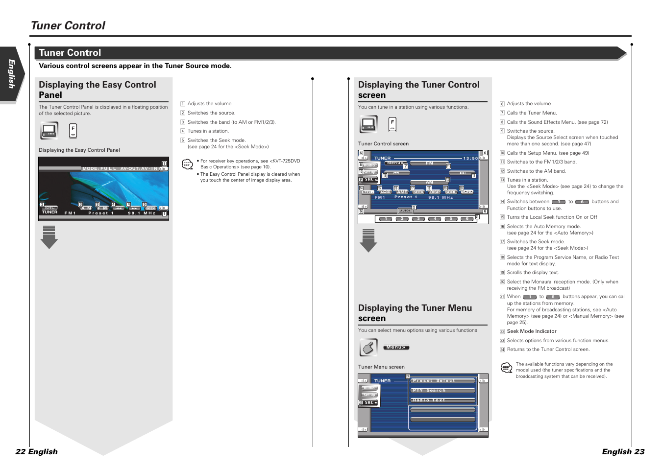Tuner control, Displaying the easy control panel, Displaying the tuner control screen | Displaying the tuner menu screen, English english 23 22 english | Kenwood KVT-725DVD-B User Manual | Page 12 / 48