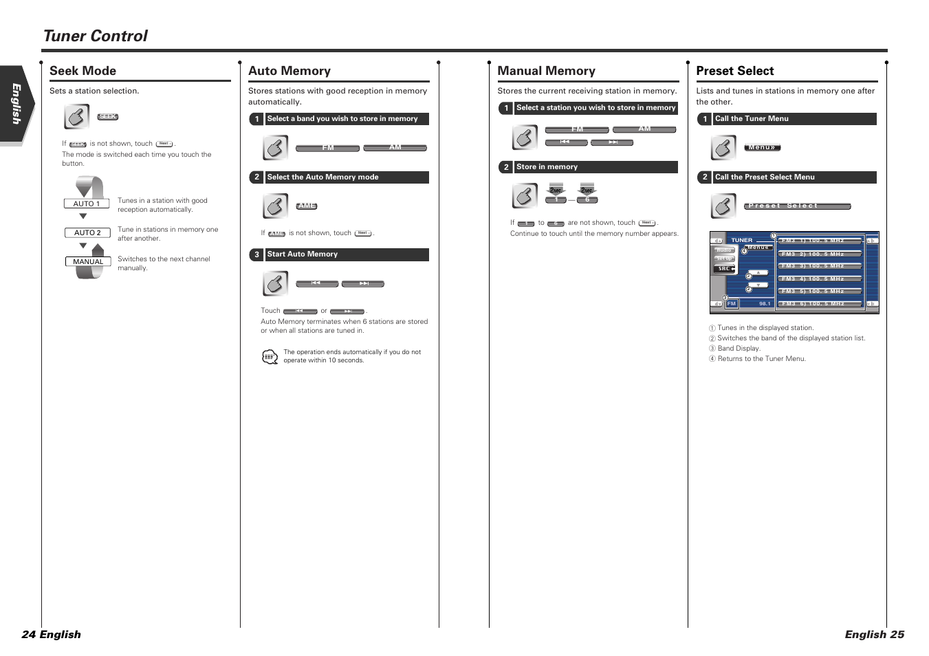 Tuner control, Seek mode, Preset select | English 24 english, English 25 | Kenwood KVT-725DVD-B User Manual | Page 13 / 48