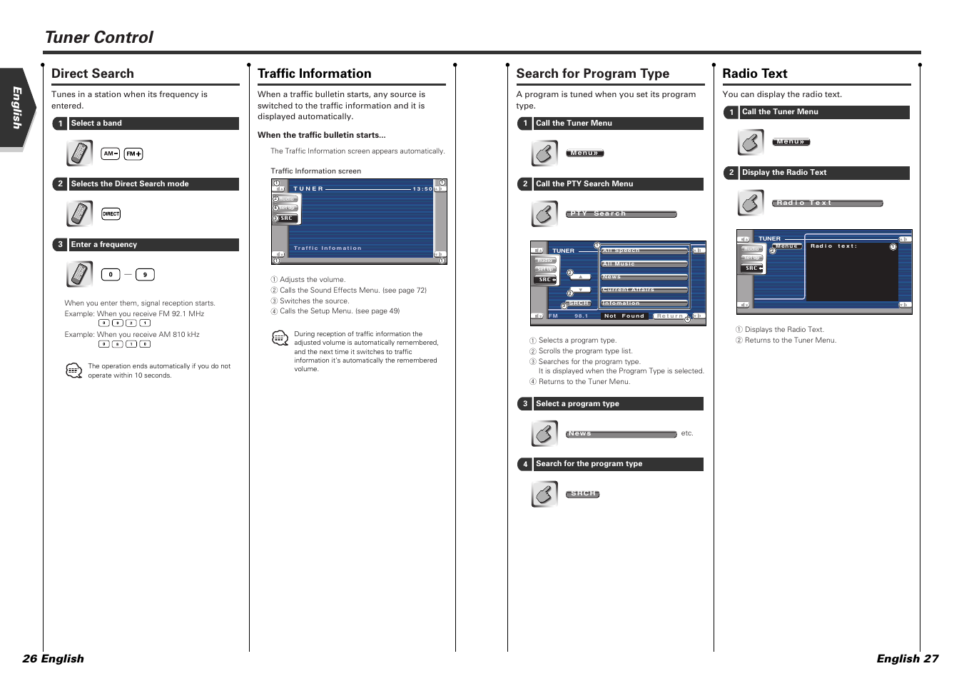 Tuner control, Direct search, Traffic information | Search for program type, Radio text, English english 27 26 english | Kenwood KVT-725DVD-B User Manual | Page 14 / 48