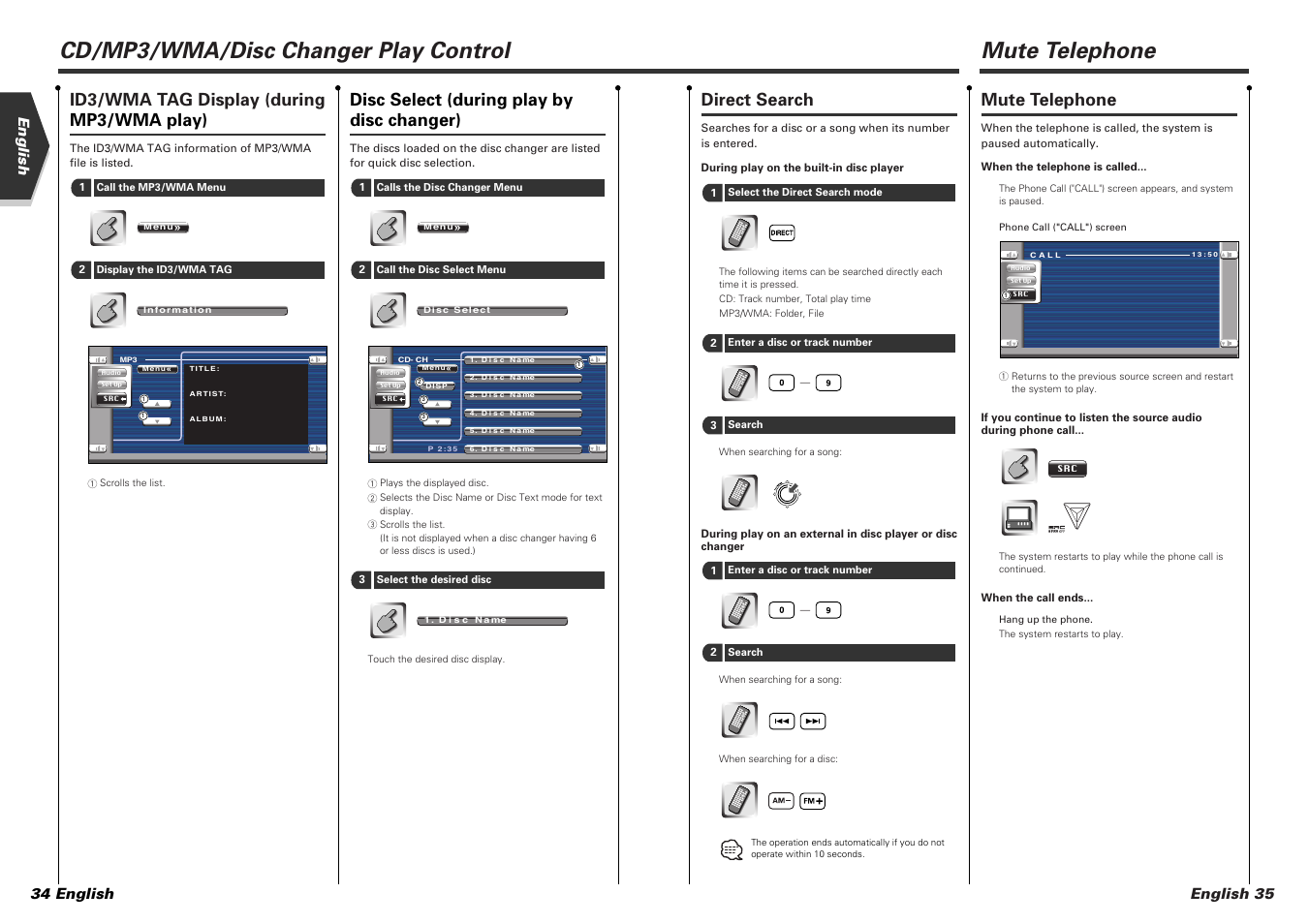 Cd/mp3/wma/disc changer play control, Mute telephone, Direct search | Id3/wma tag display (during mp3/wma play), Disc select (during play by disc changer), English 35, English 34 english | Kenwood KVT-725DVD-B User Manual | Page 18 / 48