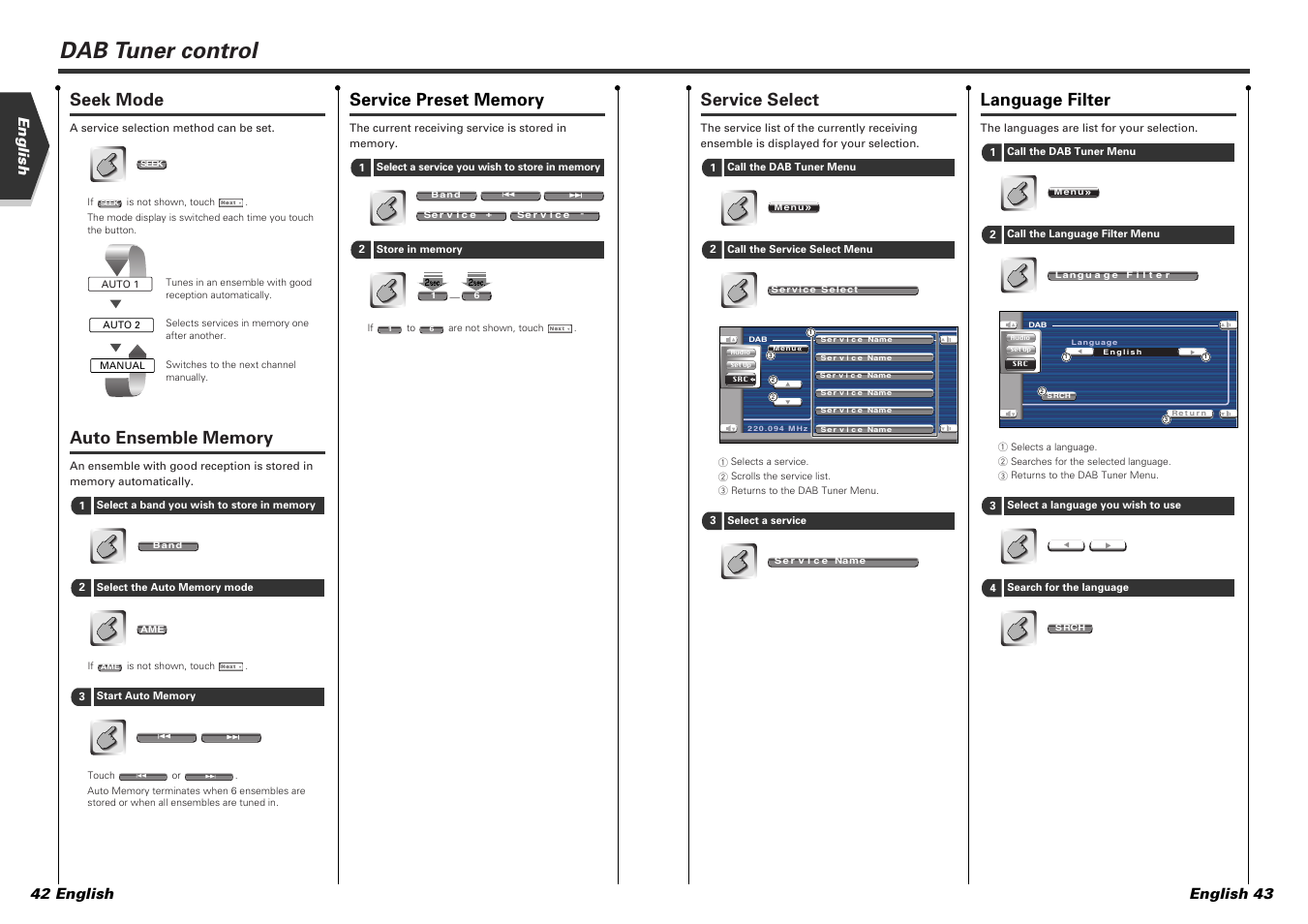 Dab tuner control, Service select, Language filter | Seek mode, English english 43 42 english | Kenwood KVT-725DVD-B User Manual | Page 22 / 48