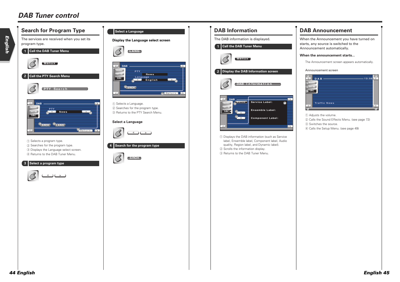 Dab tuner control, Dab announcement, Dab information | Search for program type, English english 45 44 english | Kenwood KVT-725DVD-B User Manual | Page 23 / 48