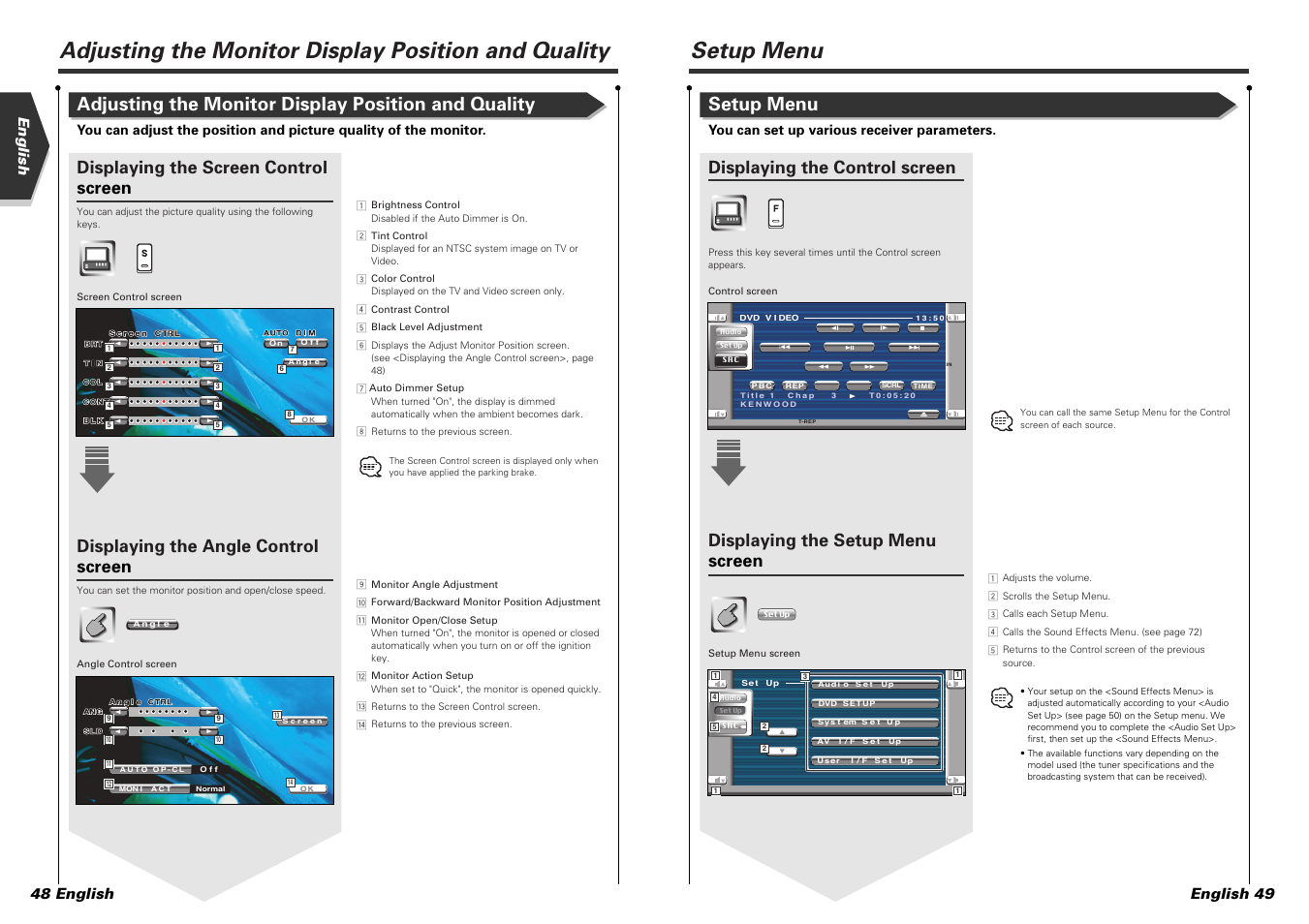 Setup menu, Adjusting the monitor display position and quality, Displaying the screen control screen | Displaying the angle control screen, Displaying the control screen, Displaying the setup menu screen, English 48 english english 49, You can set up various receiver parameters | Kenwood KVT-725DVD-B User Manual | Page 25 / 48