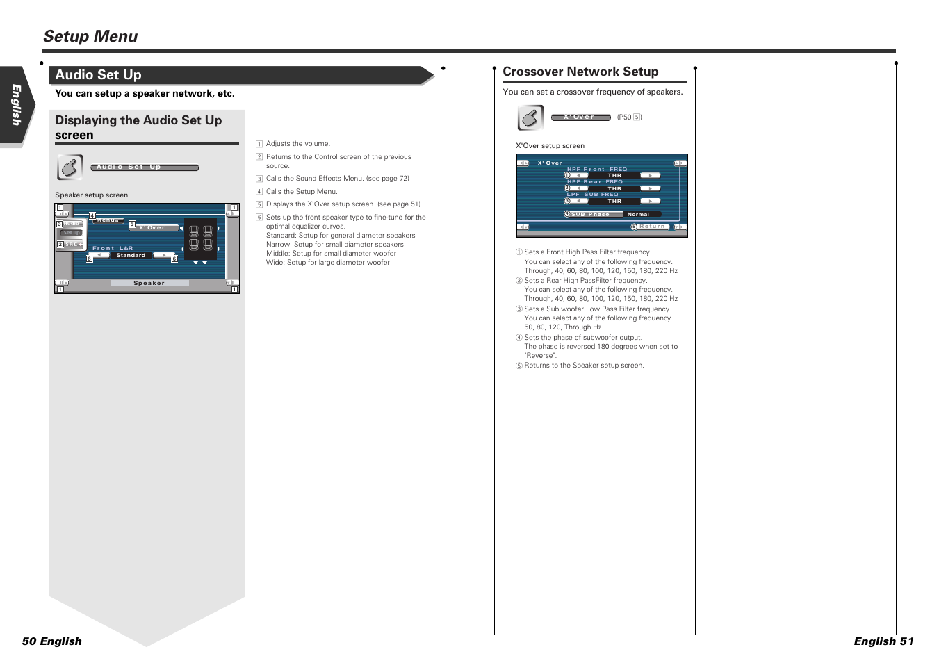 Setup menu, Audio set up, Displaying the audio set up screen | Crossover network setup, English english 51 50 english | Kenwood KVT-725DVD-B User Manual | Page 26 / 48