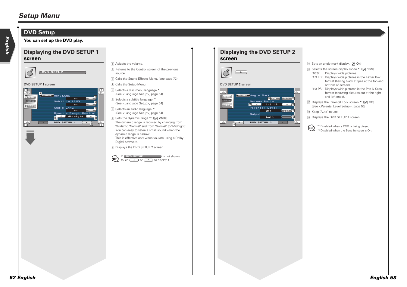 Setup menu, Dvd setup, Displaying the dvd setup 1 screen | Displaying the dvd setup 2 screen, English english 53 52 english, You can set up the dvd play | Kenwood KVT-725DVD-B User Manual | Page 27 / 48