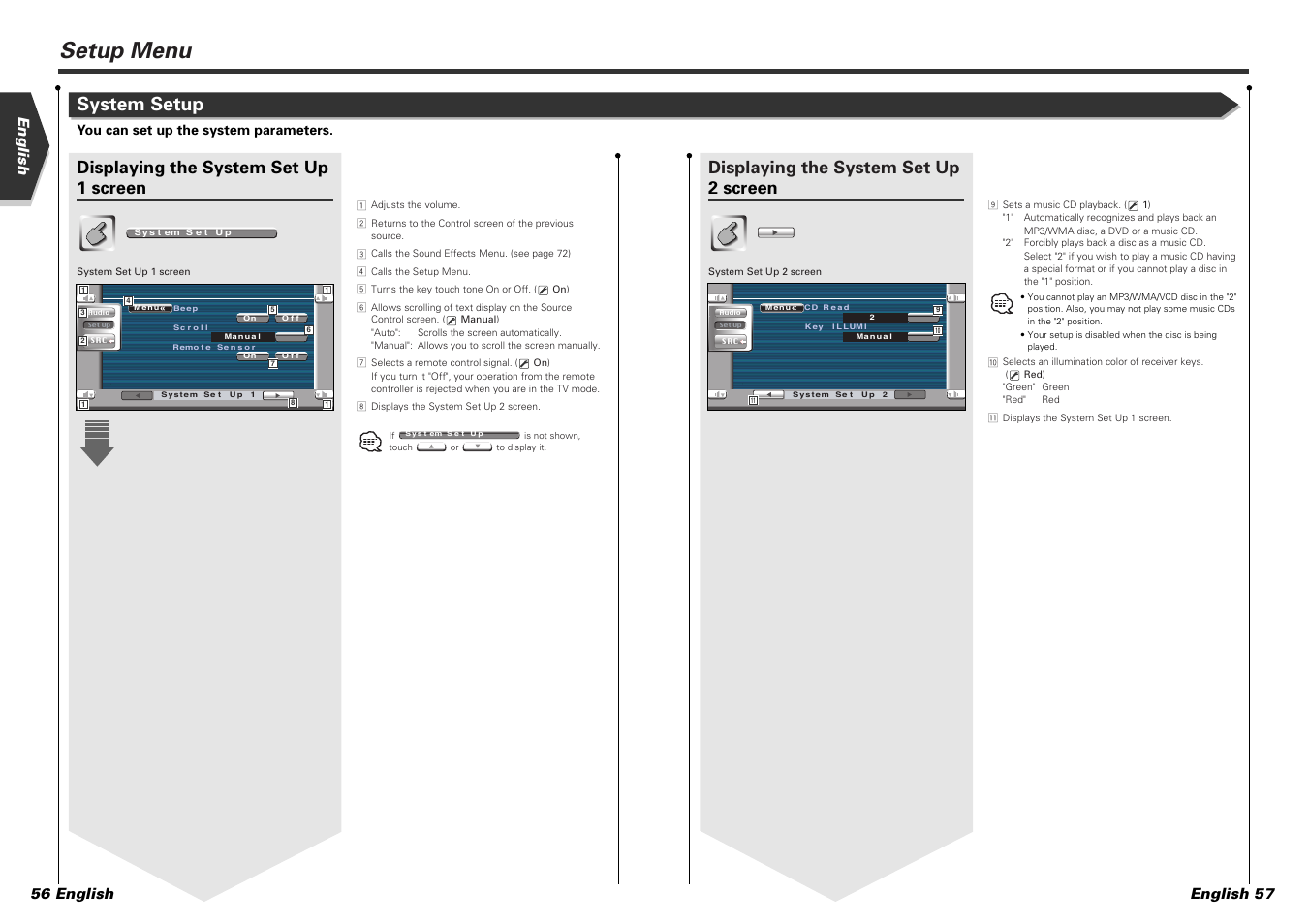 Setup menu, System setup, Displaying the system set up 1 screen | Displaying the system set up 2 screen, English english 57 56 english, You can set up the system parameters | Kenwood KVT-725DVD-B User Manual | Page 29 / 48