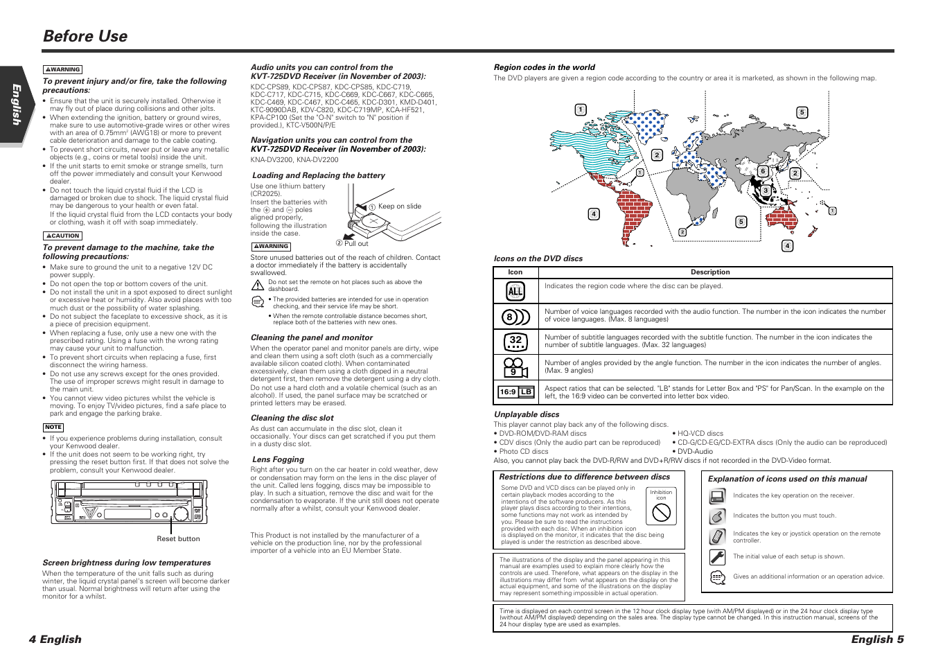 Before use, 4 english english, English 5 | Kenwood KVT-725DVD-B User Manual | Page 3 / 48