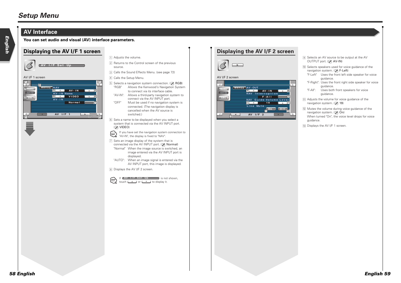 Setup menu, Av interface, Displaying the av i/f 1 screen | Displaying the av i/f 2 screen, English english 59 58 english | Kenwood KVT-725DVD-B User Manual | Page 30 / 48