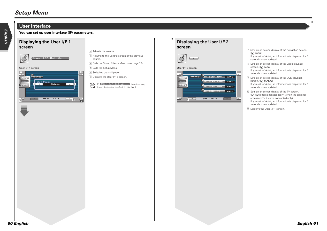 Setup menu, User interface, Displaying the user i/f 1 screen | Displaying the user i/f 2 screen, English english 61 60 english, You can set up user interface (if) parameters | Kenwood KVT-725DVD-B User Manual | Page 31 / 48