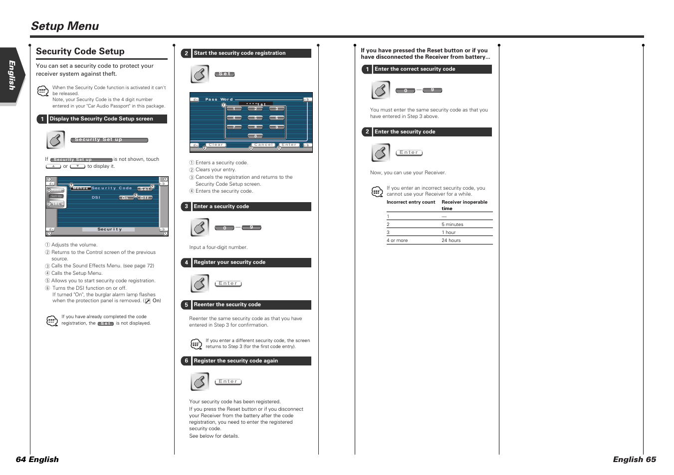 Setup menu, Security code setup, English 64 english | English 65 | Kenwood KVT-725DVD-B User Manual | Page 33 / 48