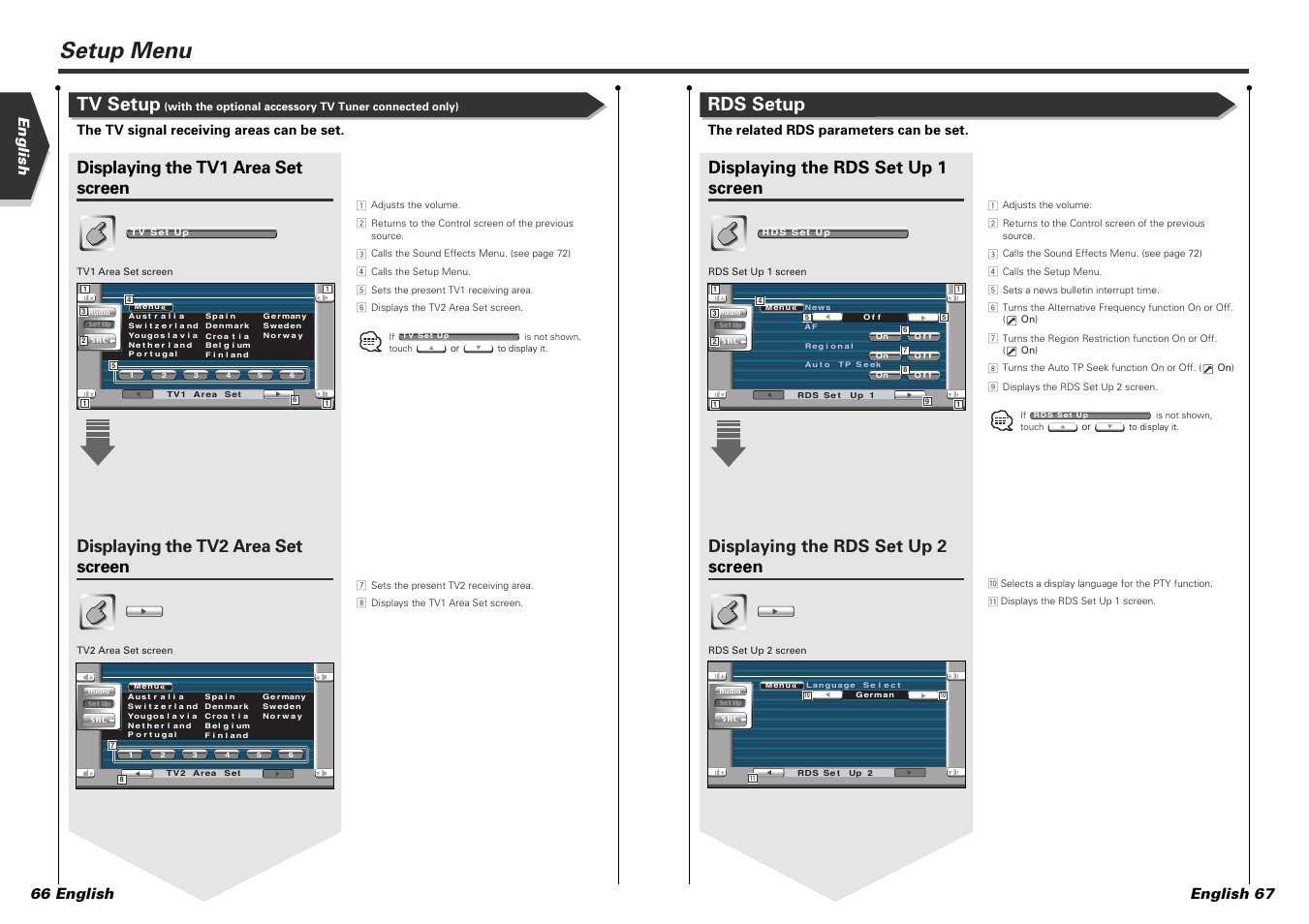 Setup menu, Rds setup, Tv setup | Displaying the rds set up 1 screen, Displaying the rds set up 2 screen, Displaying the tv1 area set screen, Displaying the tv2 area set screen, English english 67 66 english, The related rds parameters can be set, The tv signal receiving areas can be set | Kenwood KVT-725DVD-B User Manual | Page 34 / 48