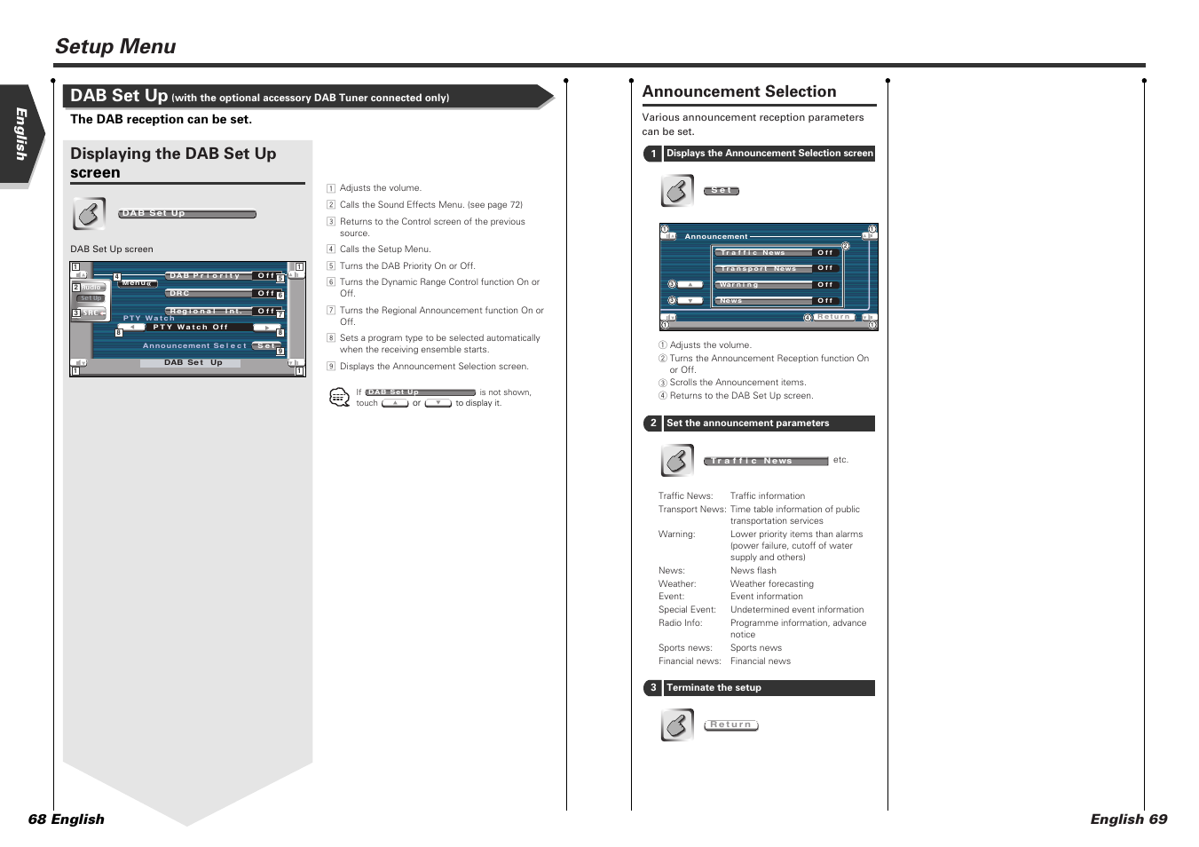 Setup menu, Dab set up, Announcement selection | Displaying the dab set up screen, English 69, English 68 english, The dab reception can be set | Kenwood KVT-725DVD-B User Manual | Page 35 / 48