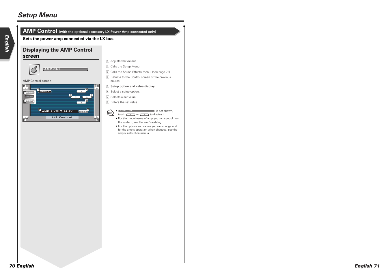 Setup menu, Amp control, Displaying the amp control screen | English 71 english 70 english | Kenwood KVT-725DVD-B User Manual | Page 36 / 48