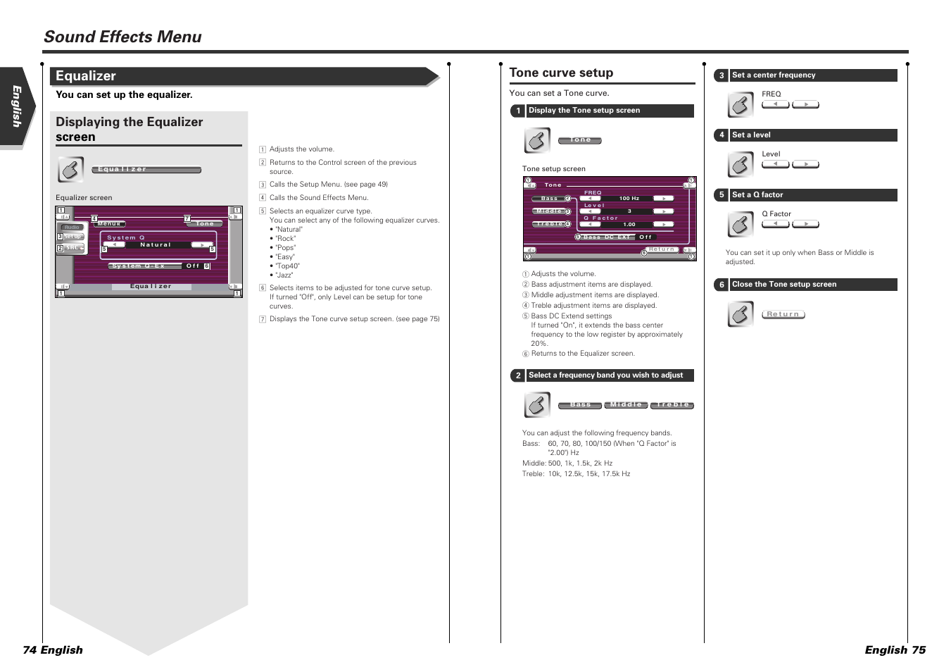 Sound effects menu, Equalizer, Tone curve setup | Displaying the equalizer screen, English 74 english english 75, You can set up the equalizer | Kenwood KVT-725DVD-B User Manual | Page 38 / 48