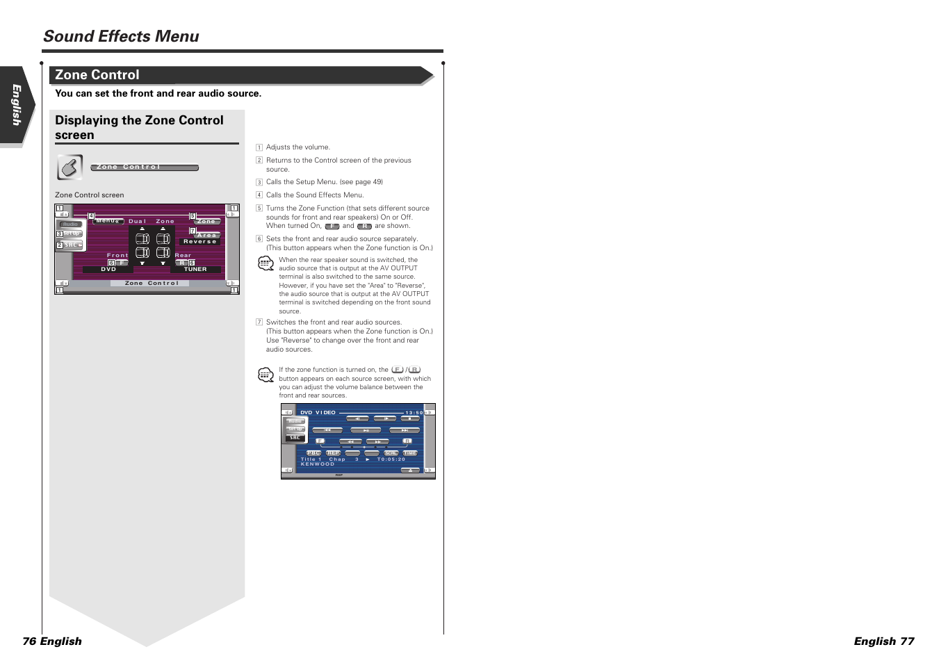 Sound effects menu, Zone control, Displaying the zone control screen | English 76 english english 77, You can set the front and rear audio source | Kenwood KVT-725DVD-B User Manual | Page 39 / 48