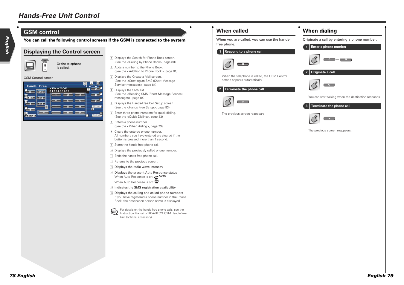 Hands-free unit control, Gsm control, When called | When dialing, Displaying the control screen, English 78 english english 79 | Kenwood KVT-725DVD-B User Manual | Page 40 / 48
