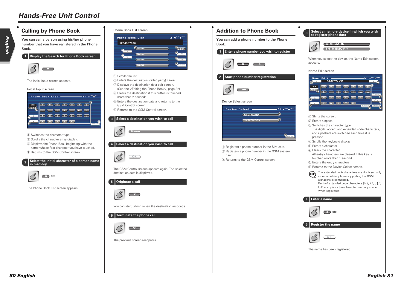 Hands-free unit control, Addition to phone book, Calling by phone book | English 81 english 80 english | Kenwood KVT-725DVD-B User Manual | Page 41 / 48