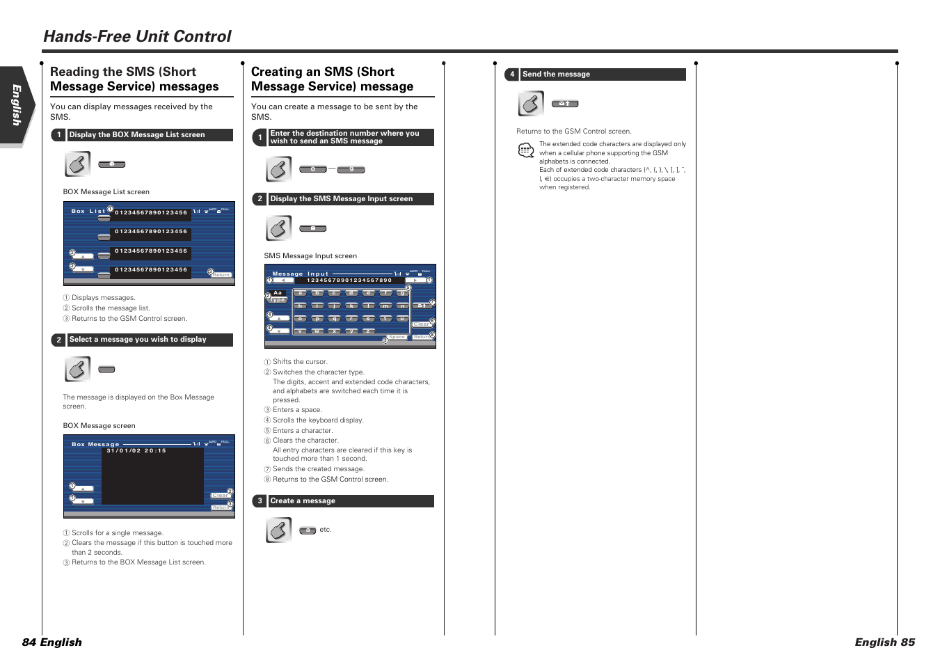 Hands-free unit control, Reading the sms (short message service) messages, Creating an sms (short message service) message | English 85 english 84 english | Kenwood KVT-725DVD-B User Manual | Page 43 / 48