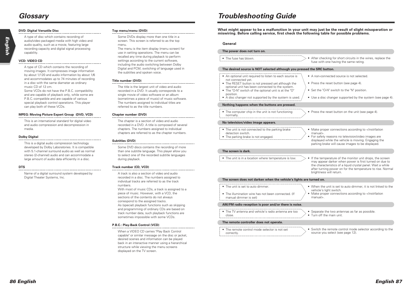 Troubleshooting guide, Glossary, English 87 | 86 english english | Kenwood KVT-725DVD-B User Manual | Page 44 / 48