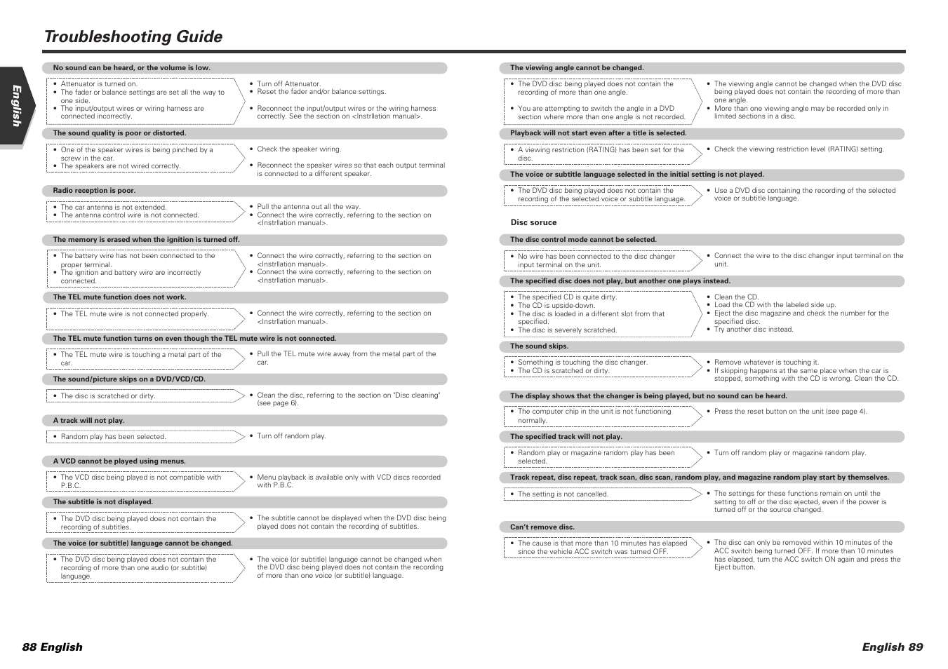 Troubleshooting guide, English 89, English 88 english | Kenwood KVT-725DVD-B User Manual | Page 45 / 48
