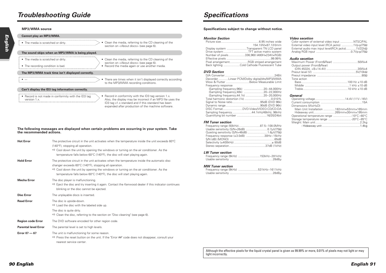 Troubleshooting guide, Specifications, English 91 | English 90 english | Kenwood KVT-725DVD-B User Manual | Page 46 / 48