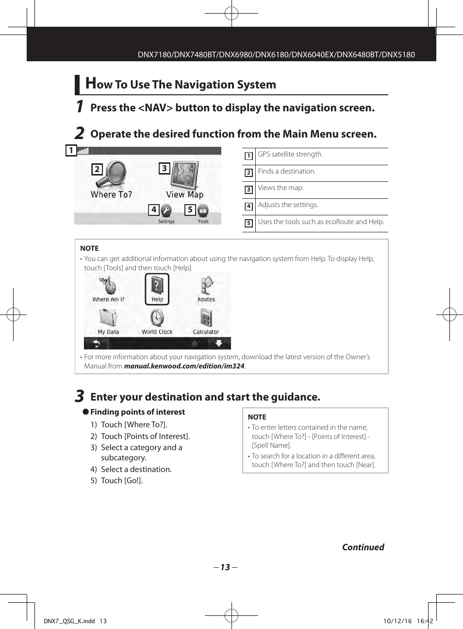 Ow to use the navigation system, Enter your destination and start the guidance | Kenwood DNX7180 User Manual | Page 13 / 32