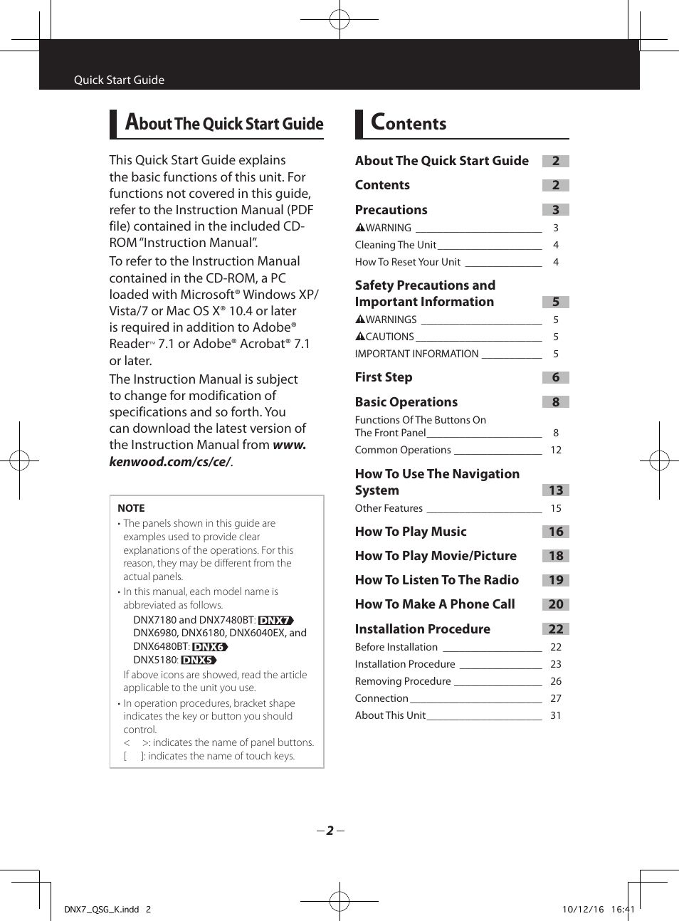 Bout the quick start guide, Ontents | Kenwood DNX7180 User Manual | Page 2 / 32