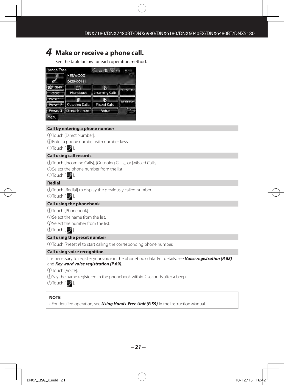 Make or receive a phone call | Kenwood DNX7180 User Manual | Page 21 / 32