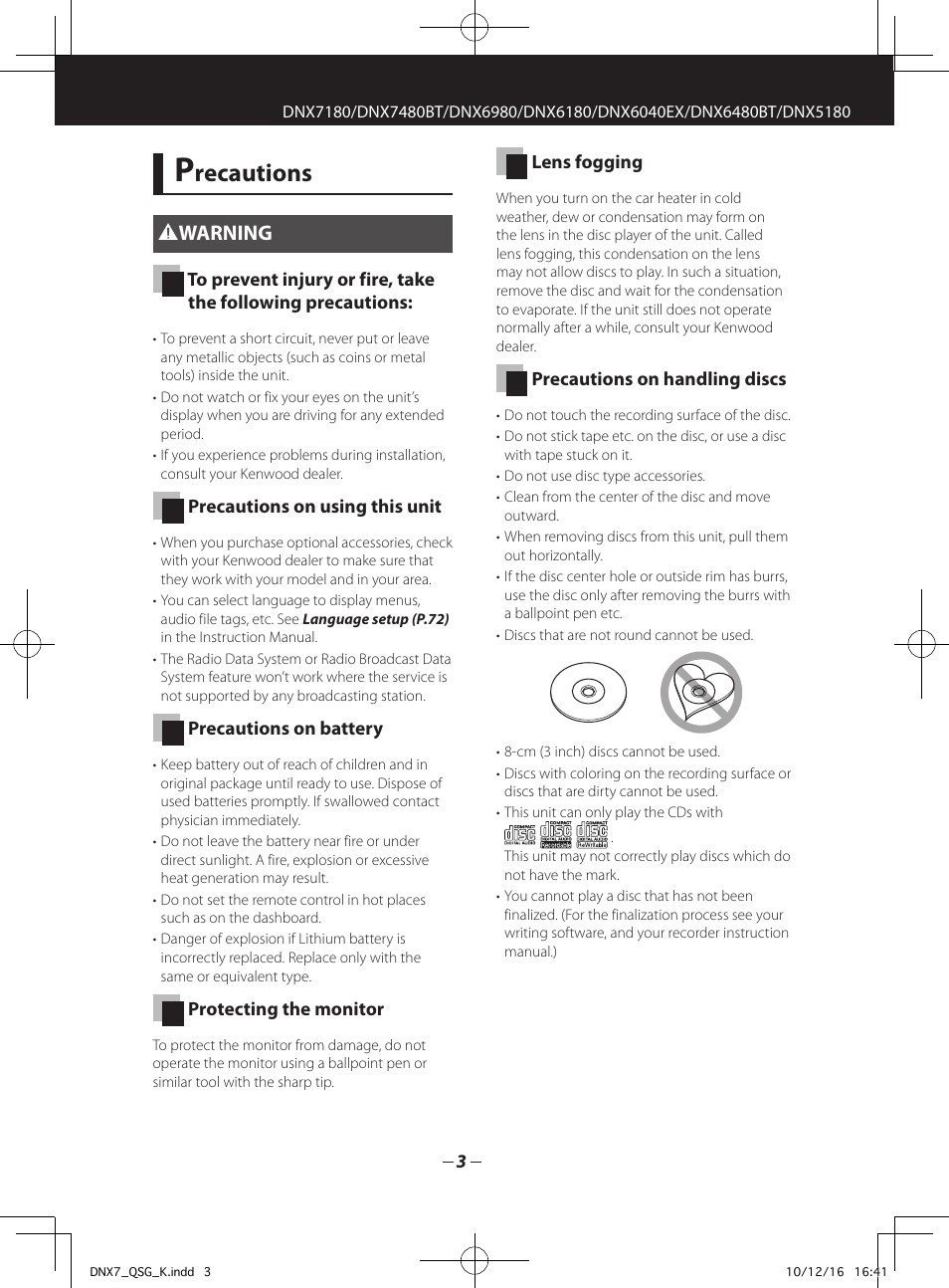 Recautions, 2warning | Kenwood DNX7180 User Manual | Page 3 / 32