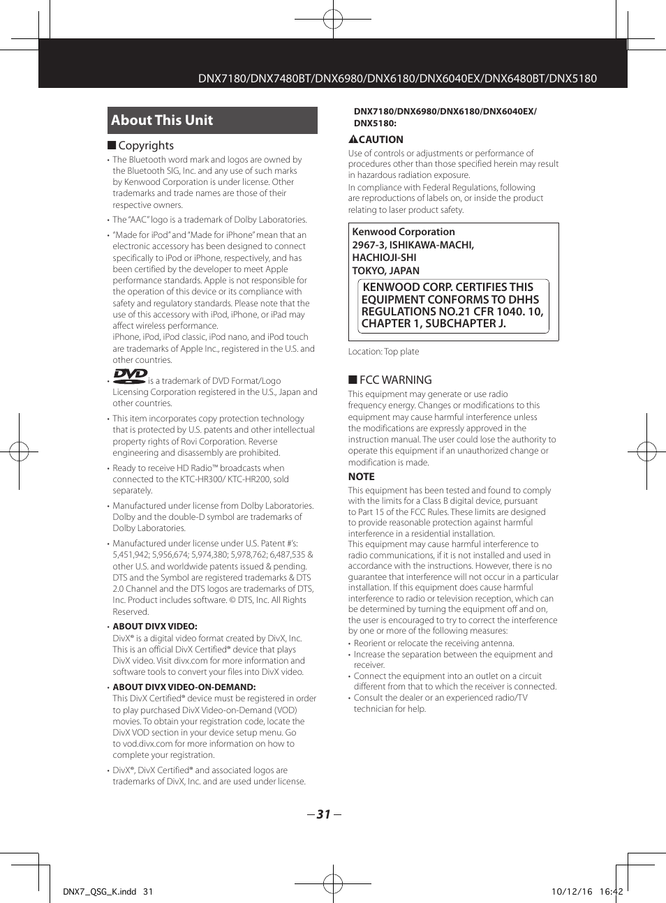 About this unit | Kenwood DNX7180 User Manual | Page 31 / 32