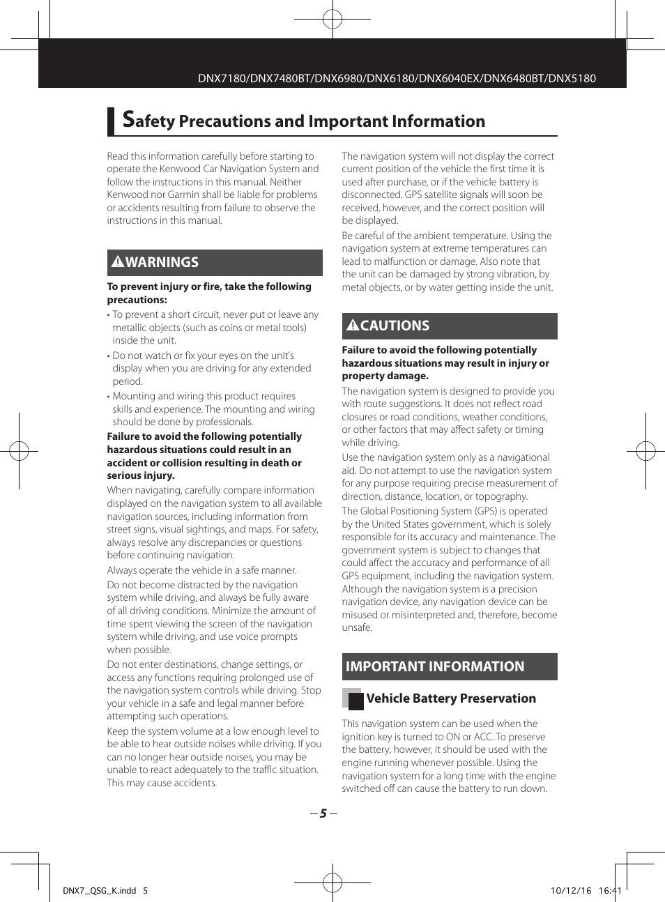 Afety precautions and important information, 2warnings, 2cautions | Important information | Kenwood DNX7180 User Manual | Page 5 / 32