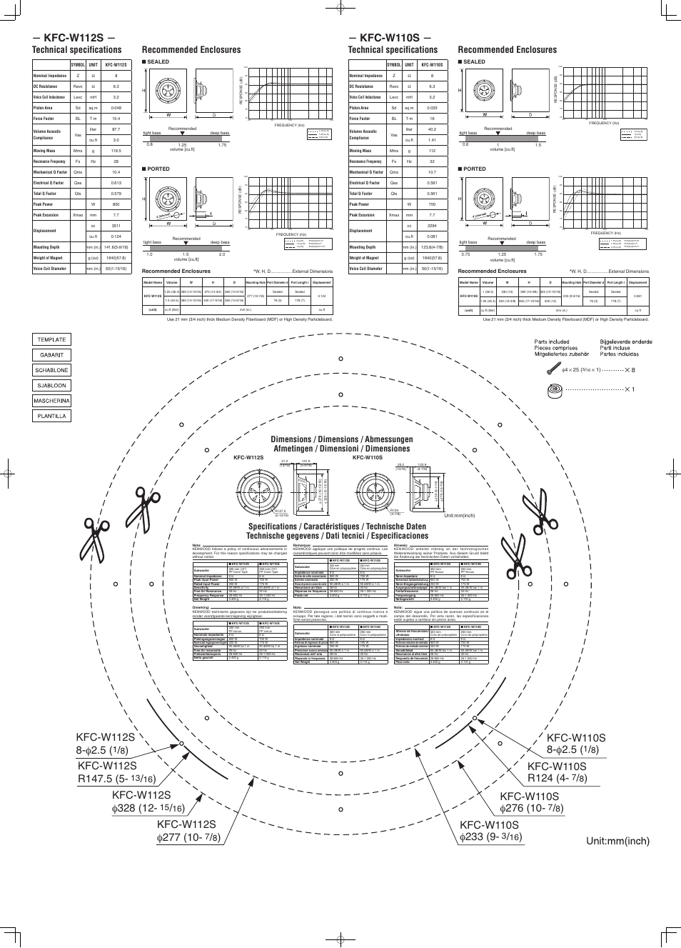 Kfc-w112s, Kfc-w110s, Technical specifications | Recommended enclosures | Kenwood SUBWOOFER KFC-W112S User Manual | Page 2 / 2
