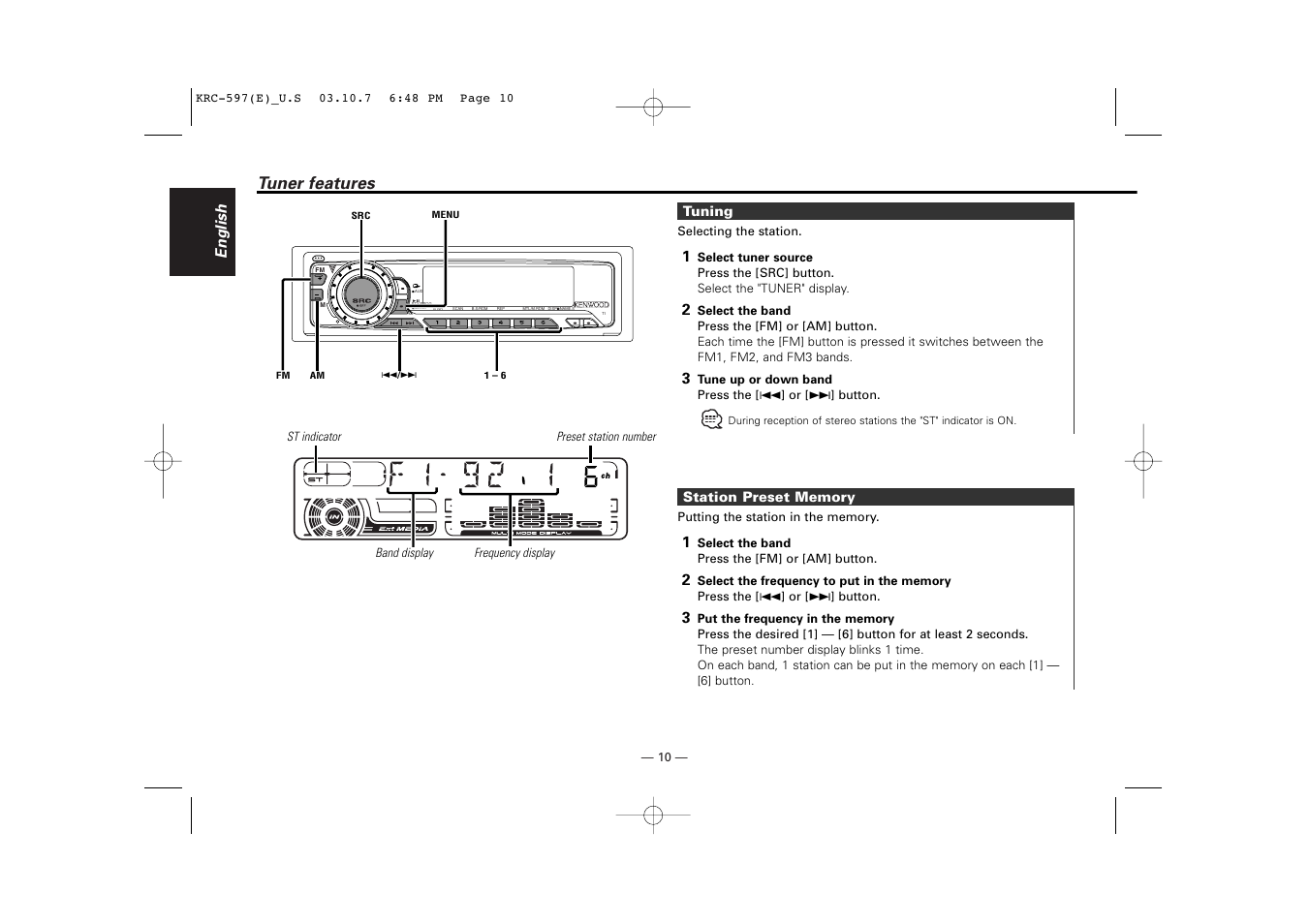 Tuner features, Tuning, Station preset memory | English | Kenwood KRC-597 User Manual | Page 10 / 36