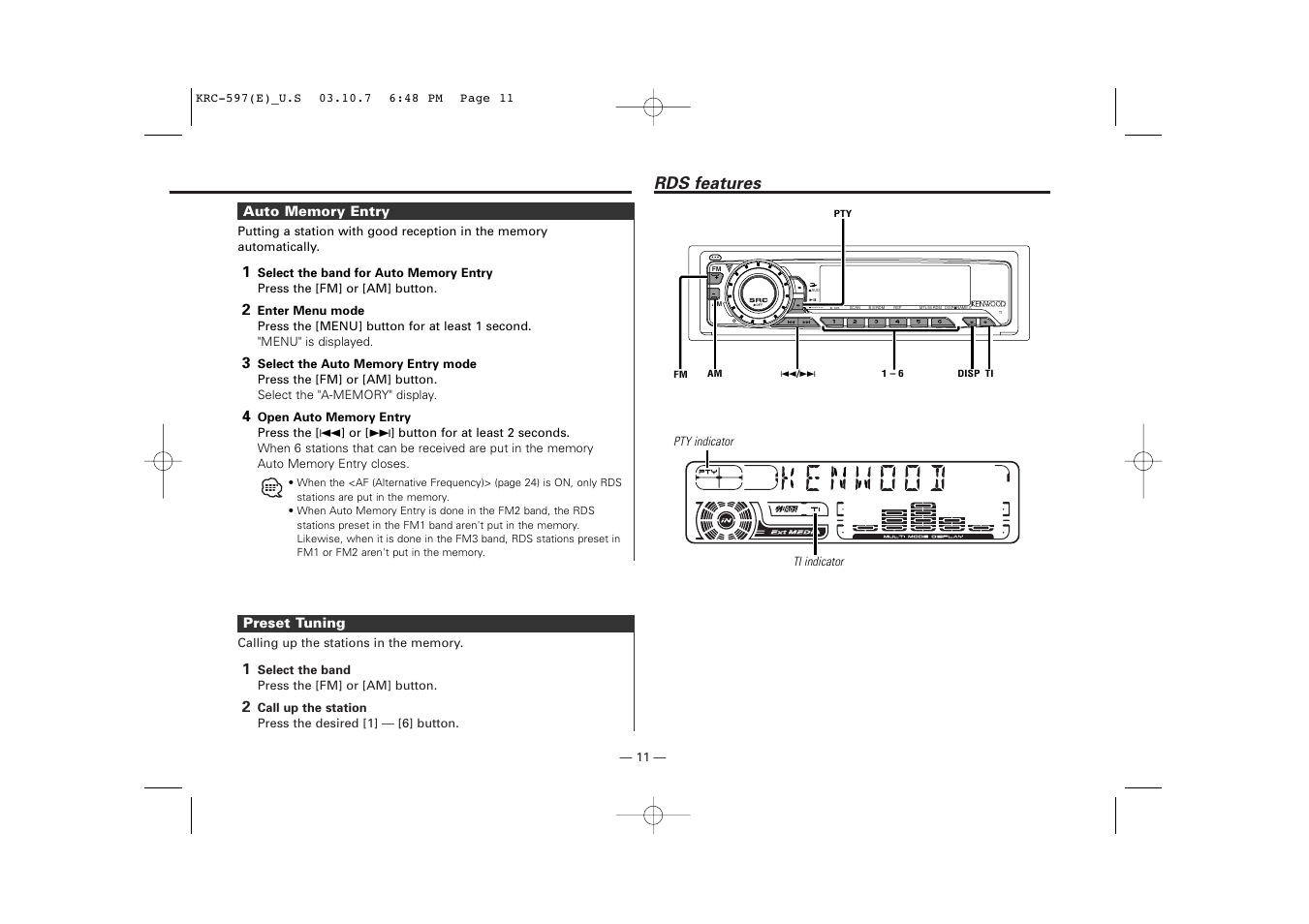 Auto memory entry, Preset tuning, Rds features | Kenwood KRC-597 User Manual | Page 11 / 36