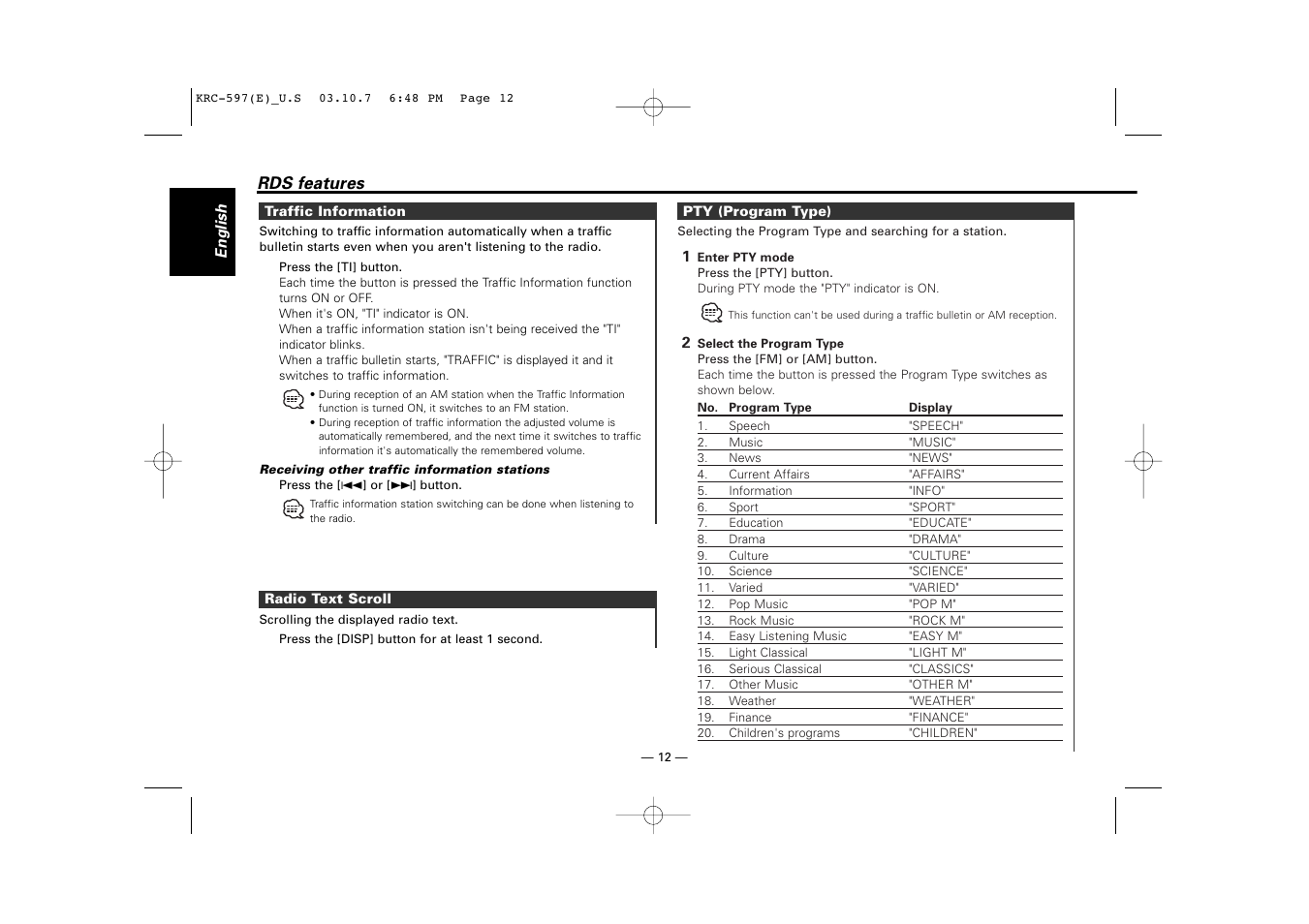 Traffic information, Radio text scroll, Pty (program type) | Kenwood KRC-597 User Manual | Page 12 / 36