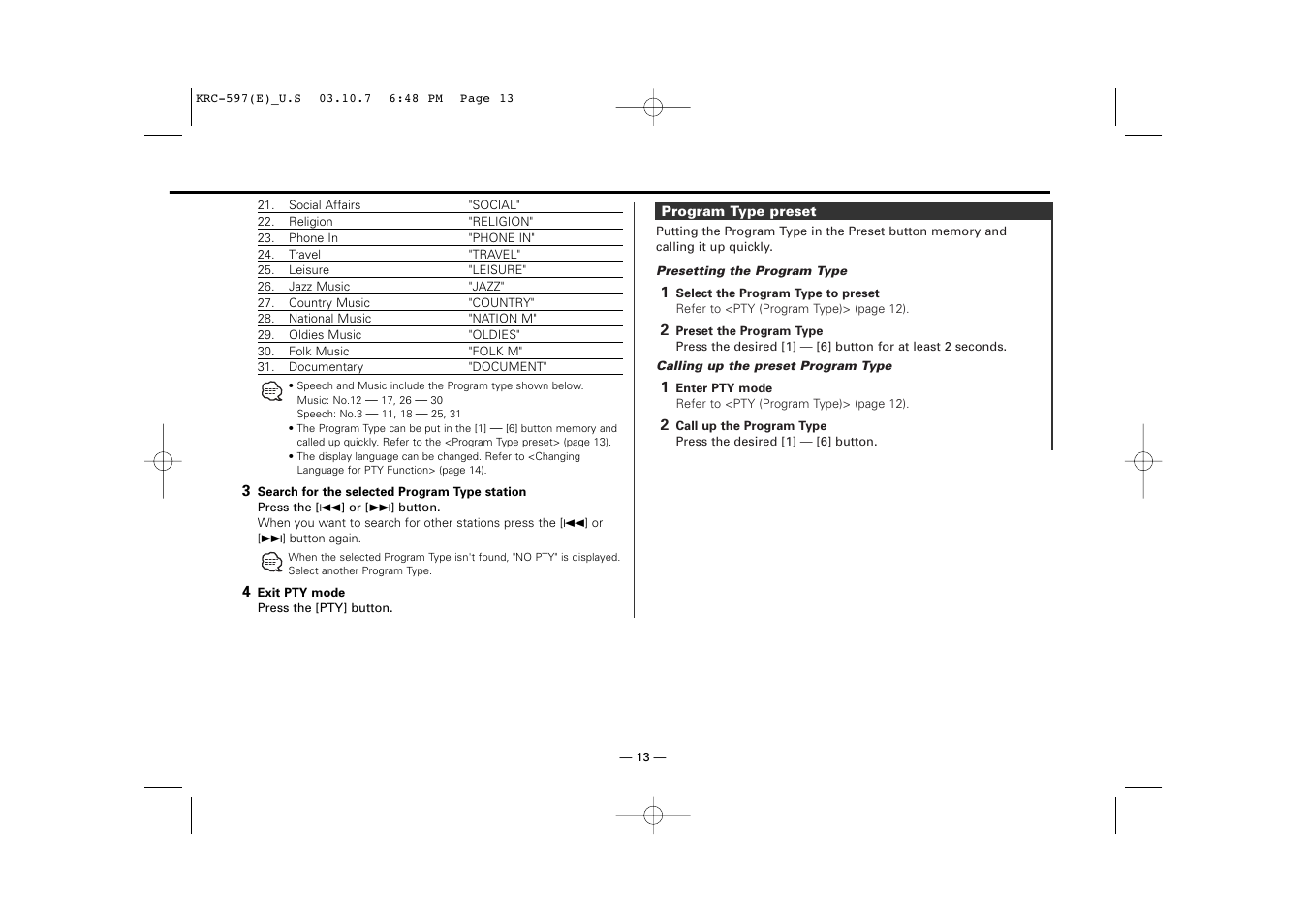 Program type preset | Kenwood KRC-597 User Manual | Page 13 / 36