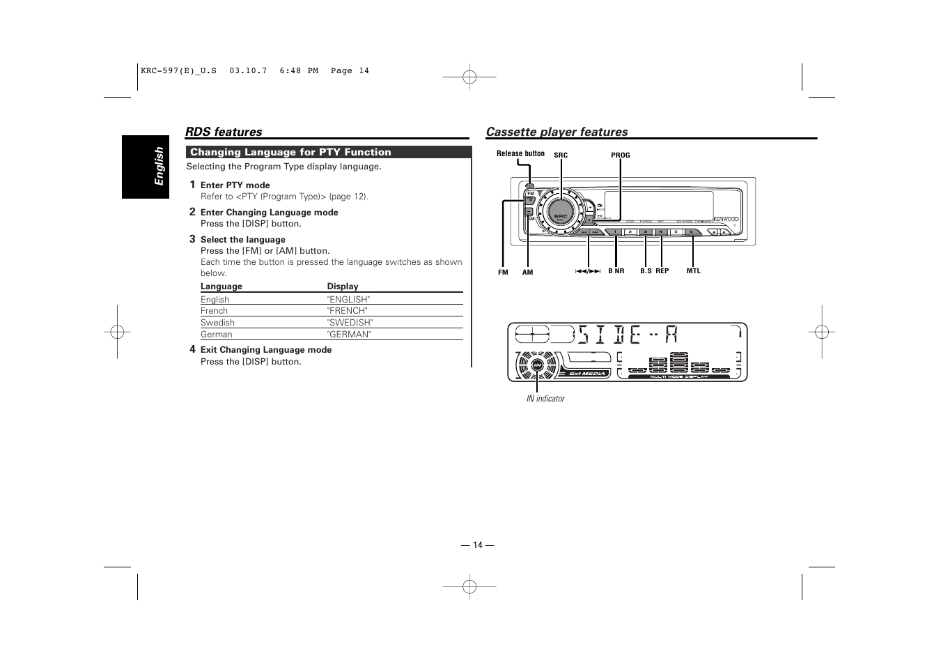 Changing language for pty function, Cassette player features, Rds features | English | Kenwood KRC-597 User Manual | Page 14 / 36